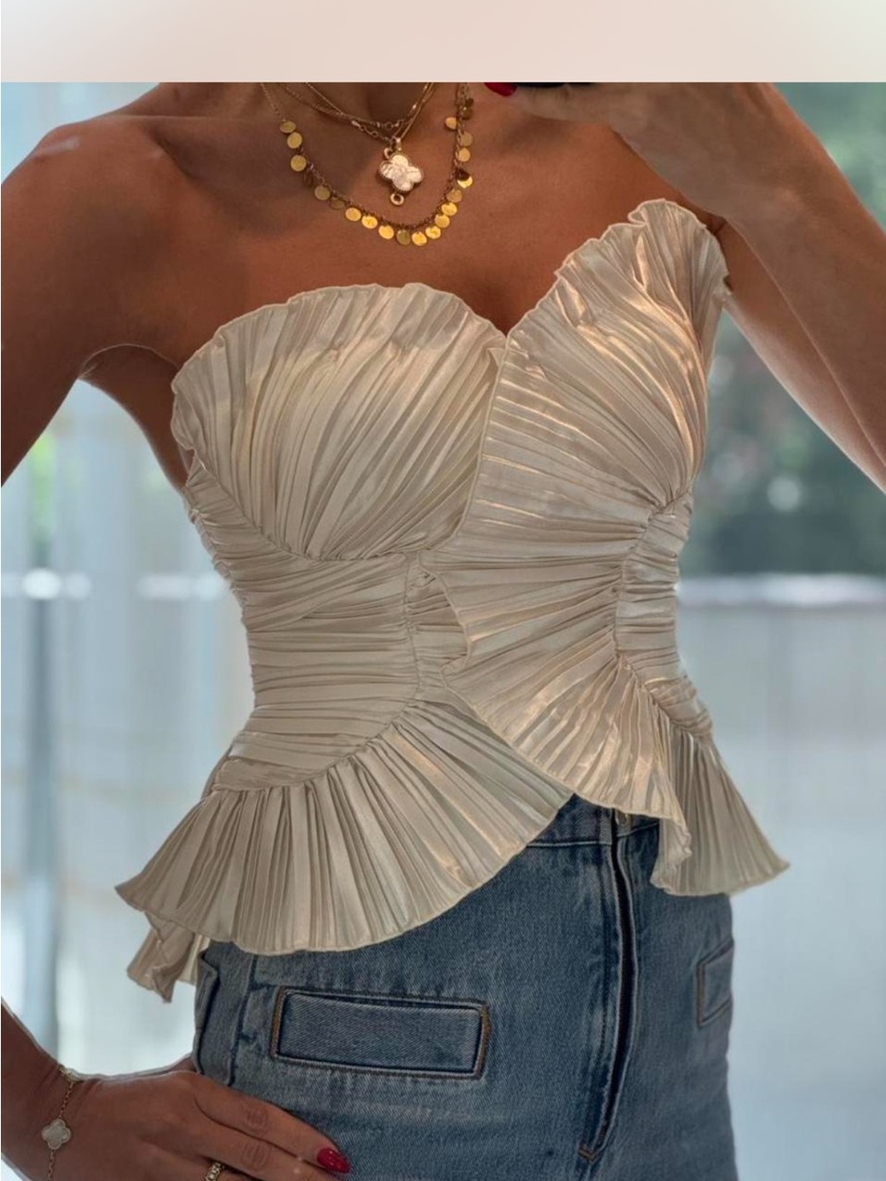 Vintage Ivory Strapless Pleated Ruffle Peplum Dress - Picture 2 of 6